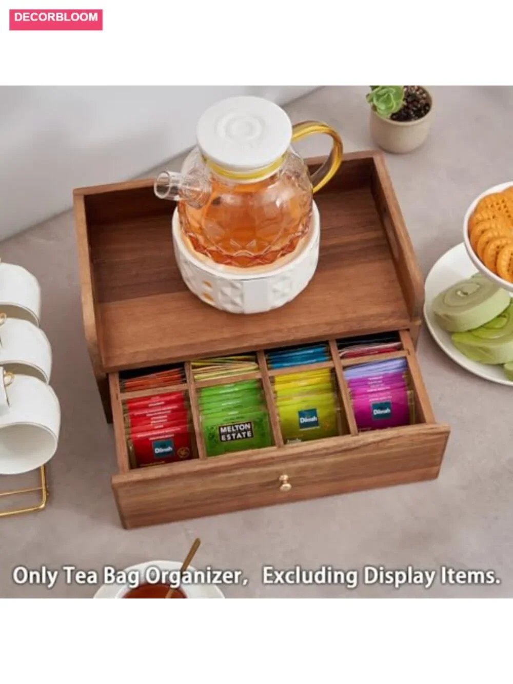 Acacia Wood Tea Bag Organizer with Drawer - 8 Compartments Storage Box